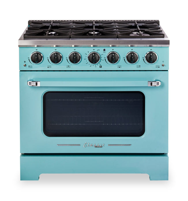 Cuisinière à gaz Classic Rétro par Unique de 36 po et de 5,2 pi3 à 6 brûleurs avec convection - turquoise brume marine - UGP-36CR T