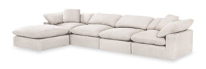 Sofa sectionnel modulaire Eclipse 5 pièces en tissu d’apparence lin avec pouf et coussins réversibles en duvet et plumes - blanc lin