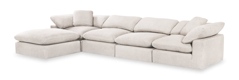 Sofa sectionnel modulaire Eclipse 5 pièces en tissu d’apparence lin avec pouf et coussins réversibles en duvet et plumes - blanc lin