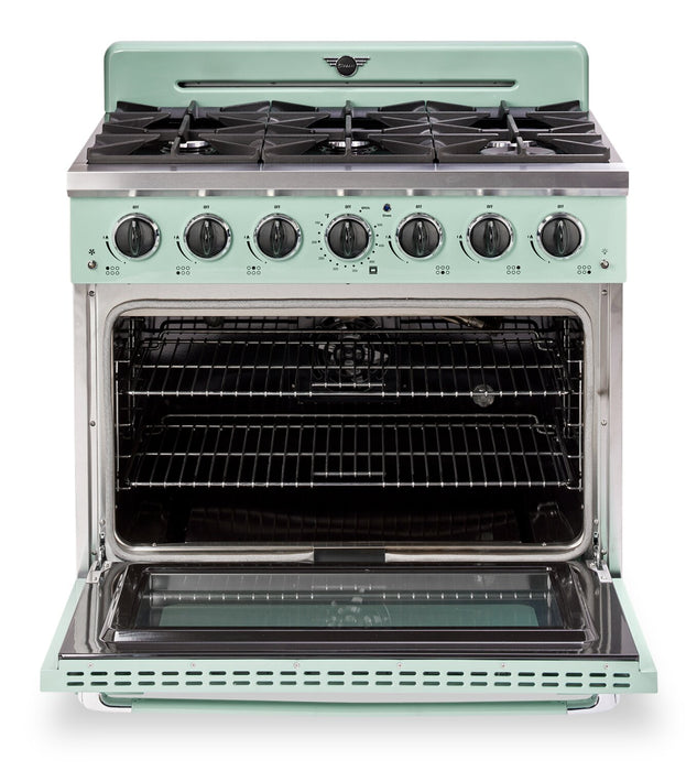 Cuisinière à gaz Classic Rétro par Unique de 36 po et de 5,2 pi3 à 6 brûleurs avec convection - vert menthe estival - UGP-36CR LG