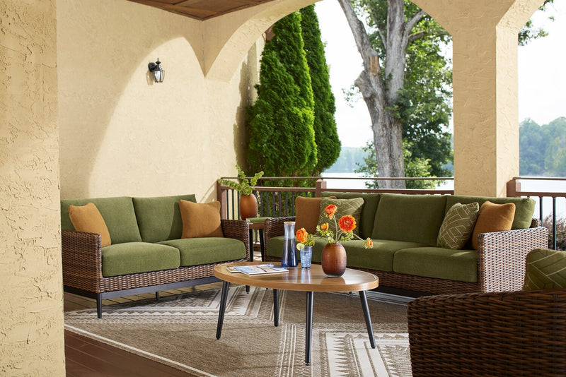 Sofa Tofino pour la terrasse à l’extérieur - osier en résine, résistant aux rayons UV et aux intempéries - vert, brun et noir