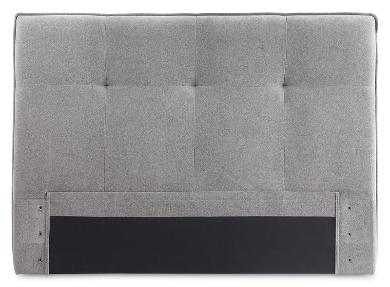 Lit de rangement Amos rembourré en tissu gris avec tête de lit capitonnée et 3 tiroirs intégrés - format très grand lit