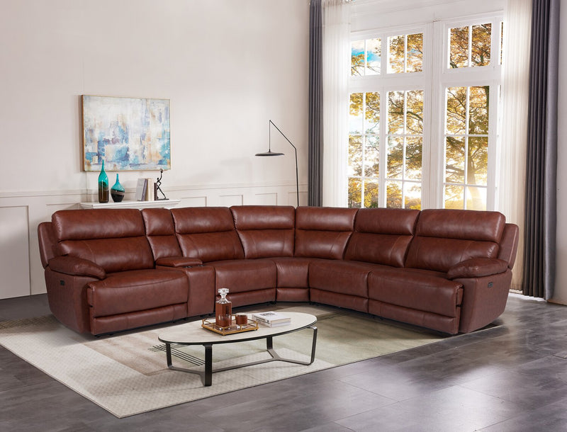 Sofa sectionnel à inclinaison électrique Sorrento 6 pièces en cuir véritable avec console de rangement et port USB - brun brique de Madrid
