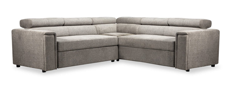 Sofa sectionnel Savvy 3 pièces en tissu d’apparence lin avec appuie-têtes réglables, porte-gobelets et port USB - gris