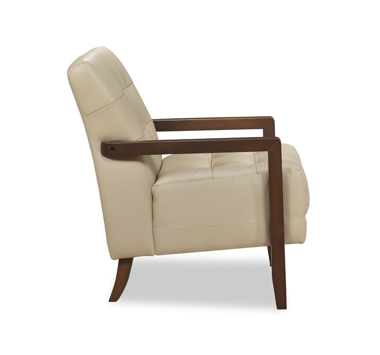 Fauteuil d’appoint Enzo de 26 po en cuir véritable avec capitonnage en biscuit, accoudoirs rectilignes et pattes en bois - beige
