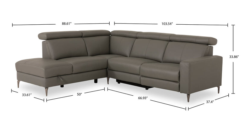 Sofa sectionnel de gauche à inclinaison électrique Valentino 3 pièces en cuir véritable avec appuie-têtes réglables - gris