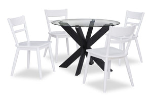 Ensemble de salle à manger Remi 5 pièces en verre et bois avec table ronde de 42 po (L) et 4 chaises à dossier en échelle - noir et blanc