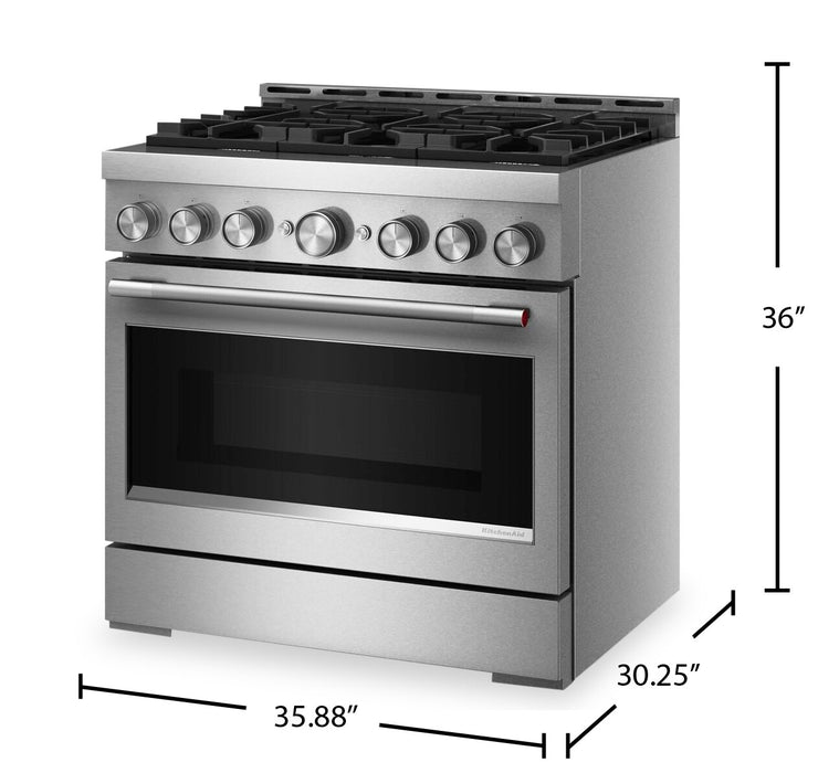 Cuisinière à gaz KitchenAid de 5,1 pi3 et de 36 po avec mode de friture à air sans préchauffage - acier inoxydable - KFGS936SSS