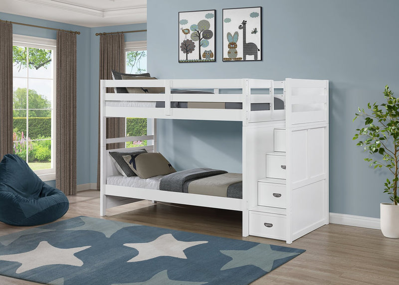 Lits superposés Quinn pour enfants avec commode escalier intégrée et garde-corps, blancs - simple et simple