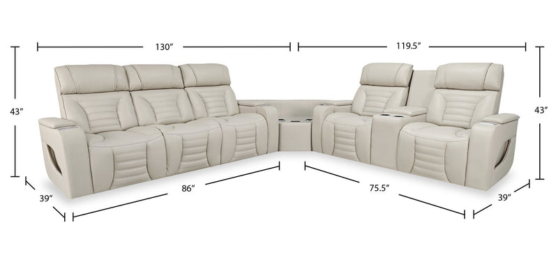 Sofa sectionnel à inclinaison électrique Zen 3 pièces en tissu d’apparence cuir avec massage, console rabattable et compartiment réfrigéré - abricot