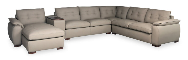 Sofa sectionnel modulaire de gauche Raya 5 pièces en cuir véritable avec console de rangement et pattes en bois - beige pierre