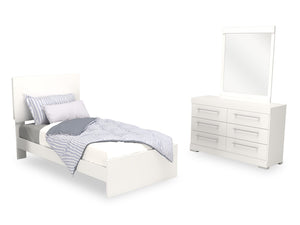 Ensemble de chambre à coucher Riley 5 pièces avec lit à panneaux, commode et miroir, fabriqué au Canada, blanc - format lit simple