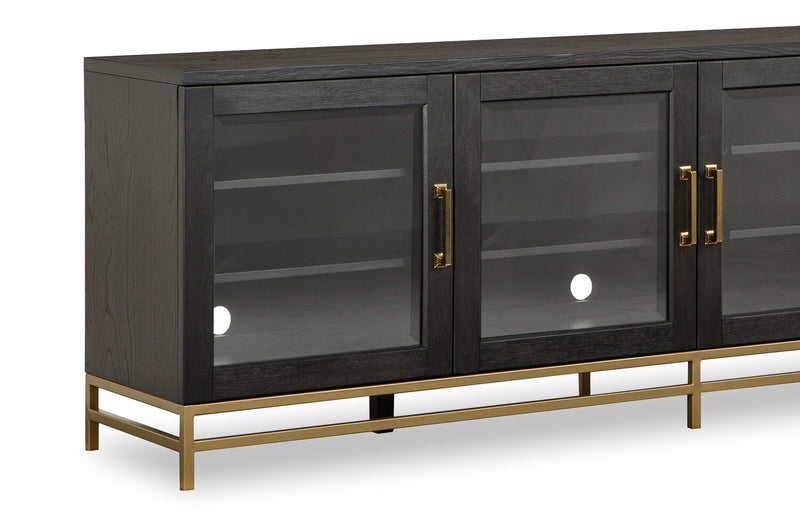 Meuble pour téléviseur moderne Cresset de 84 po en bois massif avec rangement et système de gestion des câbles pour téléviseurs jusqu’à 90 po - grain de café