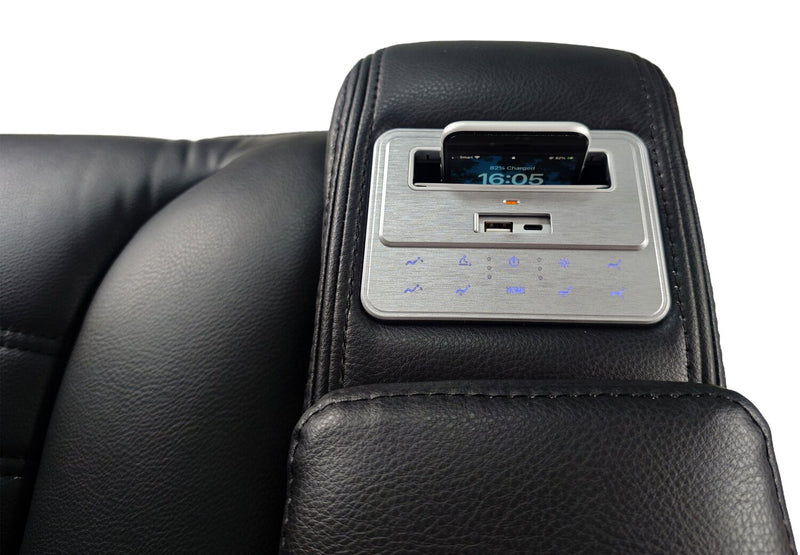 Sofa de massage à inclinaison électrique Zen de 86 po en tissu d’apparence cuir avec appuie-têtes électriques et console rabattable - noir