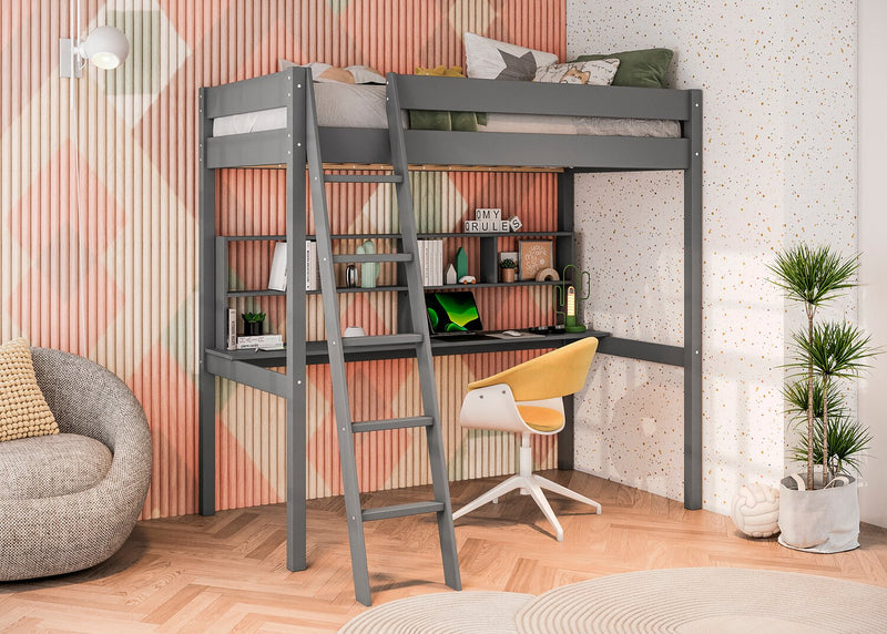 Lit mezzanine Brody gris avec bureau intégré, échelle et garde-corps pour enfants et adolescents - format lit simple