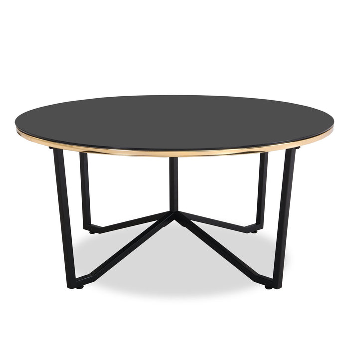 Table à café ronde moderne Xander de 36 po avec dessus en verre - noire et dorée avec pattes en métal