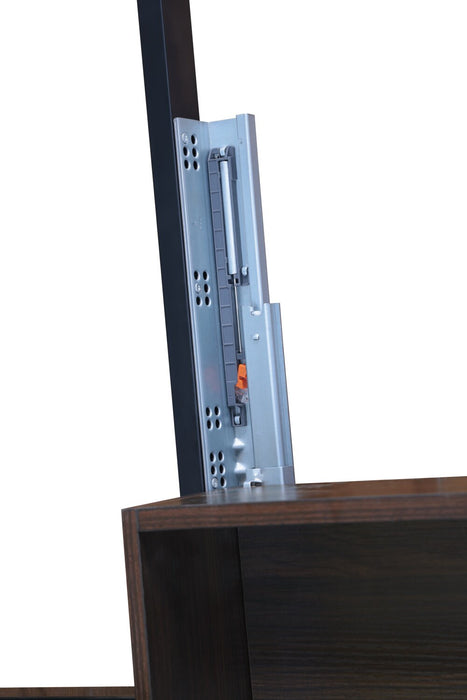 Lit de rangement Amos rembourré en tissu gris avec tête de lit à canaux et 3 tiroirs intégrés - format très grand lit