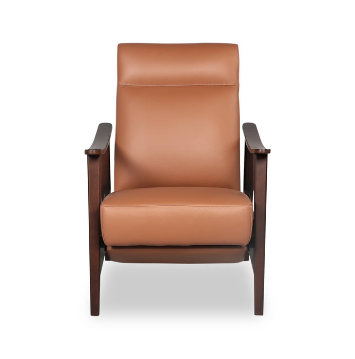 Fauteuil d’appoint à inclinaison par poussée Aydin de 27,5 po en cuir véritable avec accoudoirs et pattes en bois - orange chameau