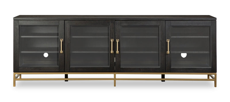 Meuble pour téléviseur moderne Cresset de 84 po en bois massif avec rangement et système de gestion des câbles pour téléviseurs jusqu’à 90 po - grain de café