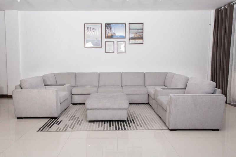 Sofa sectionnel Vault 9 pièces avec causeuse-lit, 4 fauteuils de rangement et console de rangement avec USB - gris