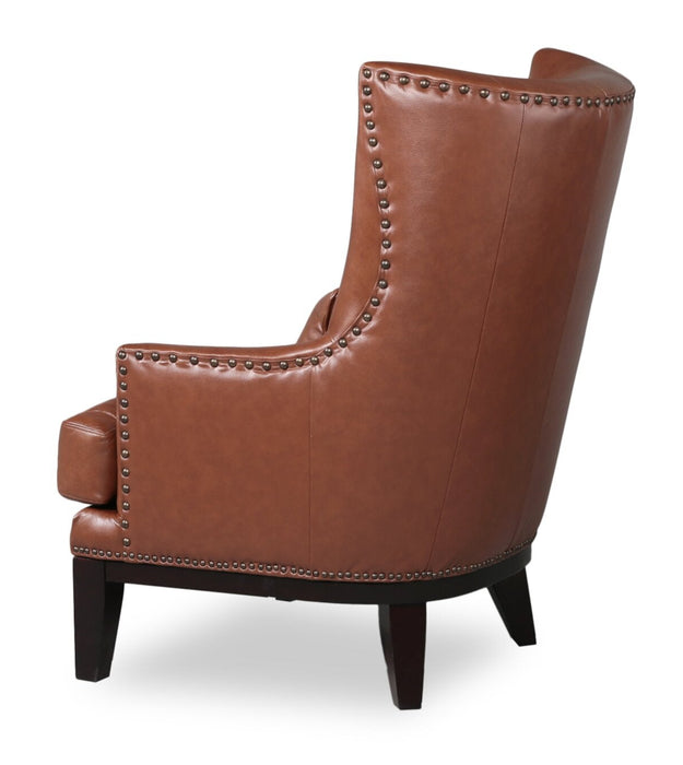Fauteuil d’appoint Haden de 30 po en cuir véritable avec base en bois et bordure de clous décoratifs - brun pavé Sidekick