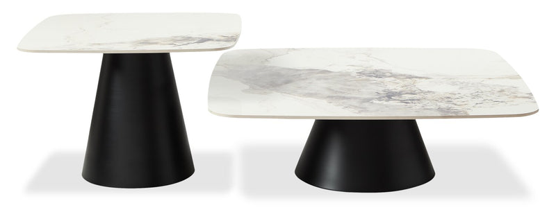 Ensemble table à café de 39,5 po et table de bout modernes Hazel avec dessus en pierre frittée blanche - noir et blanc