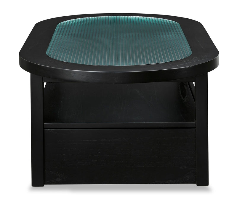 Table à café contemporaine Julian de 52 po en verre avec rangement et roulettes - noire