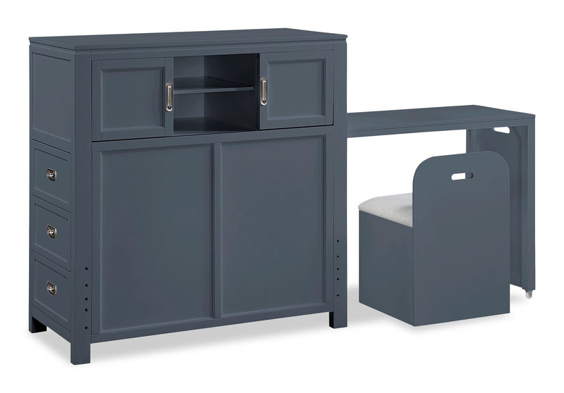 Lit plateforme Quinn avec tête de lit bibliothèque, bureau intégré et tabouret, bleu - format lit simple