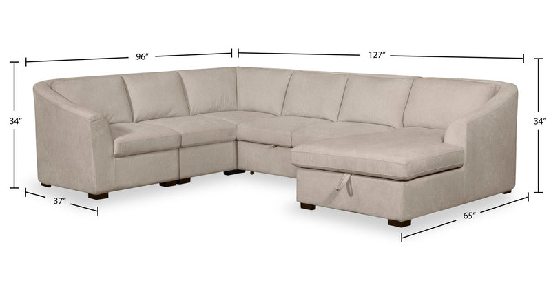 Sofa-lit sectionnel de droite Envy 5 pièces en tissu de chenille avec fauteuil long de rangement - beige amande