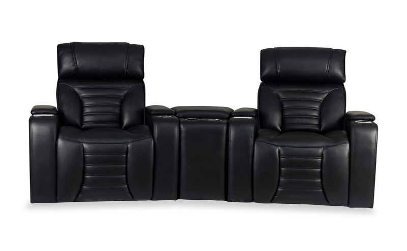 Sofa sectionnel à inclinaison électrique Zen 3 pièces de style cinéma maison en tissu d’apparence cuir avec massage et console de rangement - noir