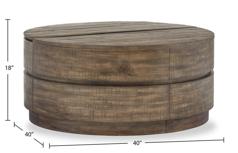 Table à café ronde rustique Elm de 40 po en pin avec dessus relevable - brune