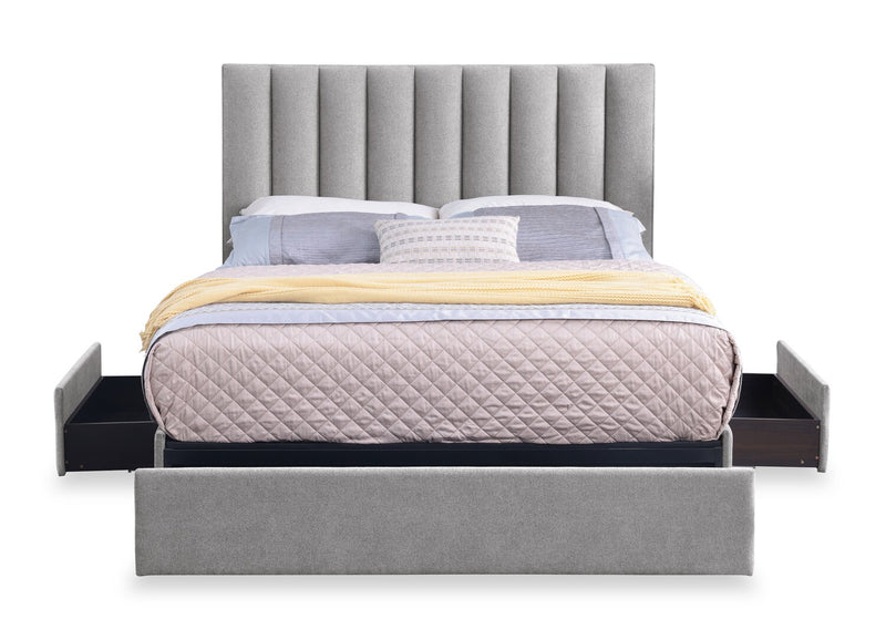 Lit de rangement Amos rembourré en tissu gris avec tête de lit à canaux et 3 tiroirs intégrés - format grand lit
