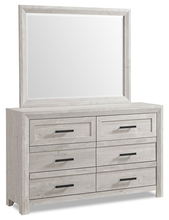 Ensemble de chambre à coucher Lark 6 pièces blanc rustique avec lit à panneaux, commode, miroir et table de nuit - format très grand lit