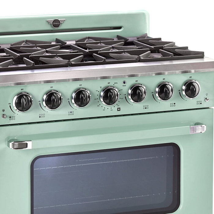 Cuisinière à gaz Classic Rétro par Unique de 36 po et de 5,2 pi3 à 6 brûleurs avec convection - vert menthe estival - UGP-36CR LG
