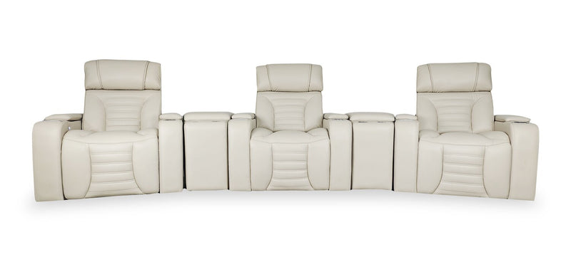Sofa sectionnel à inclinaison électrique Zen 5 pièces de style cinéma maison en tissu d’apparence cuir avec massage et 2 consoles de rangement - abricot