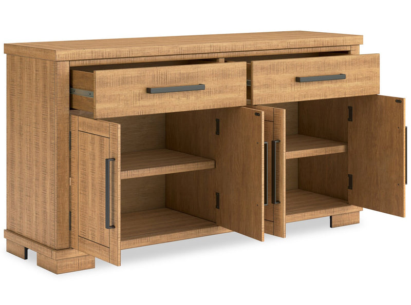 Desserte de salle à manger Archer de 66 po (L) avec 2 tiroirs, 4 portes et tablettes réglables - brun clair