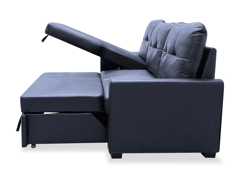 Sofa-lit sectionnel de gauche Carter 2 pièces en tissu d’apparence cuir avec fauteuil long de rangement - noir