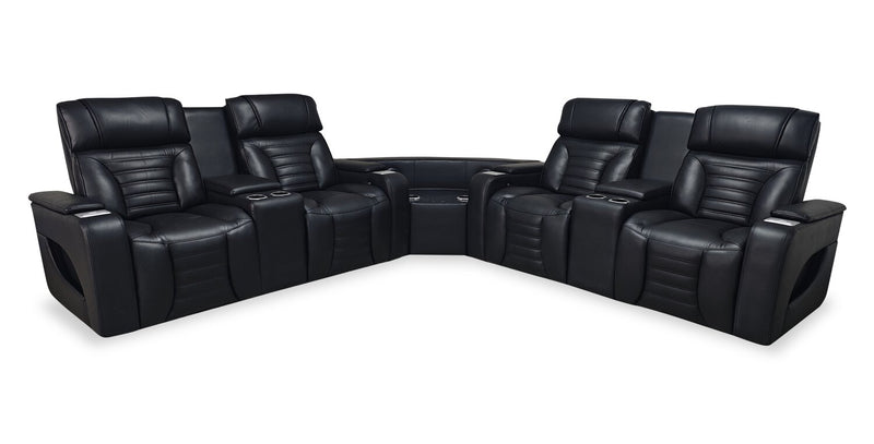 Sofa sectionnel à inclinaison électrique Zen 3 pièces en tissu d’apparence cuir avec massage et 2 consoles à compartiment réfrigéré - noir