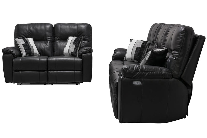 Sofa à inclinaison électrique Dawson de 87 po fabriqué au Canada en cuir véritable avec port USB et oussins décoratifs - noir