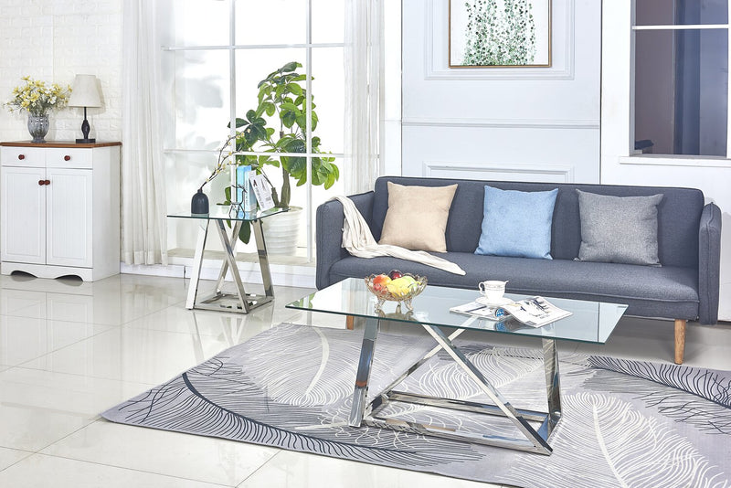 Table à café moderne Briar de 47 po avec dessus en verre - argentée