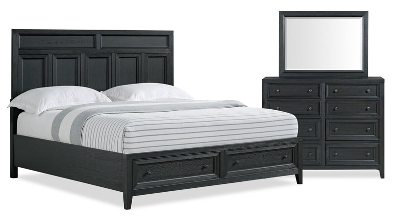 Ensemble de chambre à coucher Casa 5 pièces en bois avec lit, commode et miroir, noir - format très grand lit