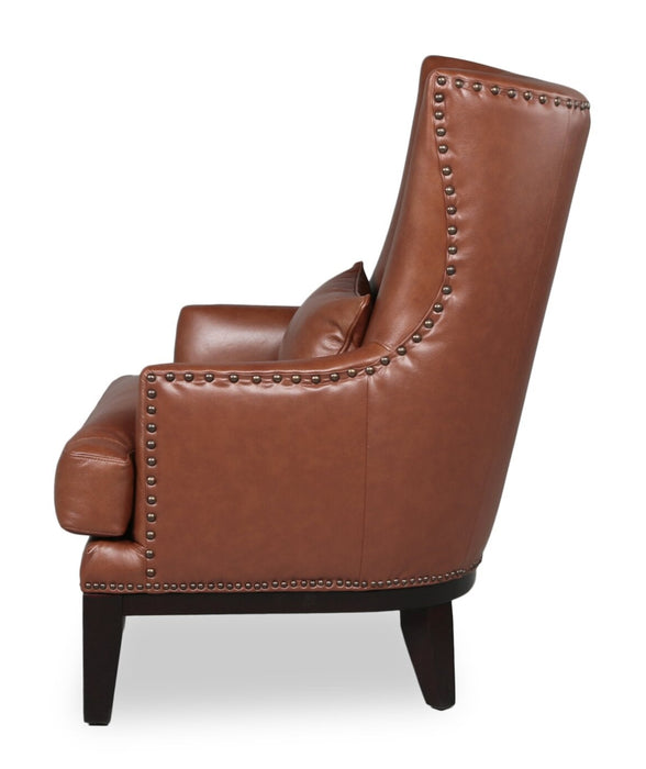 Fauteuil d’appoint Haden de 30 po en cuir véritable avec base en bois et bordure de clous décoratifs - brun pavé Sidekick
