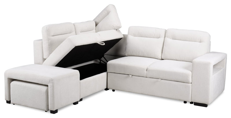 Sofa-lit sectionnel de gauche Coast 3 pièces en tissu blanc ivoire avec fauteuil long de rangement et accoudoir de rangement