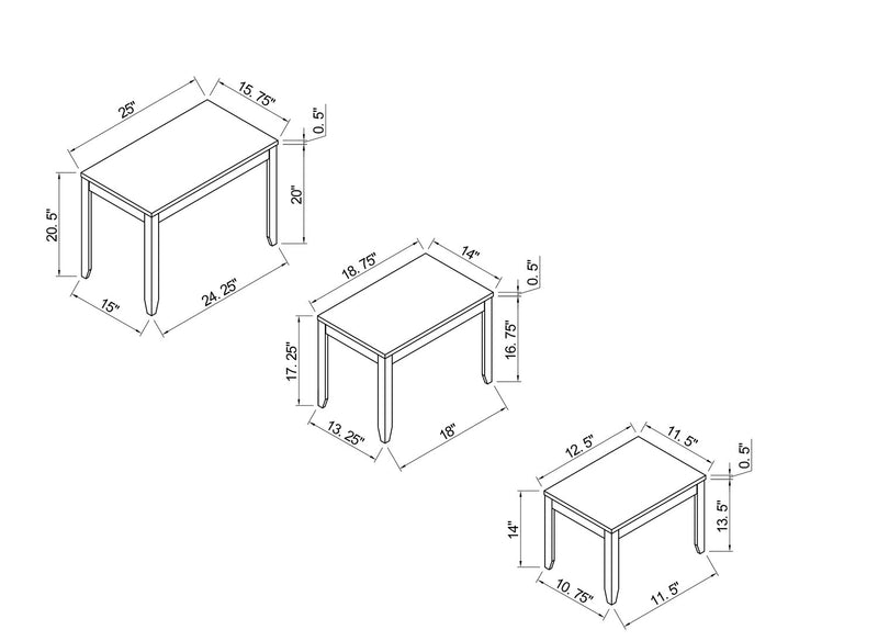 3 tables gigognes Roma de 25 po avec tablette - imitation de marbre noire