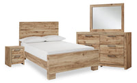 Ensemble de chambre à coucher Derekson 6 pièces avec lit à panneau, commode, miroir et table de nuit, naturel - format lit double