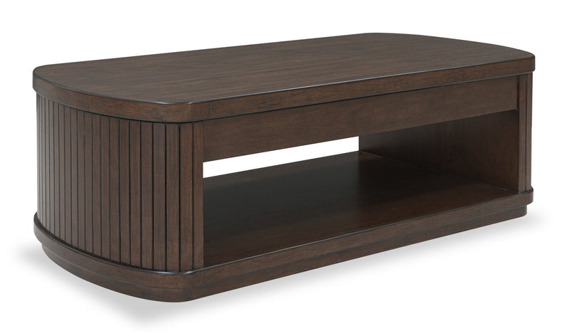 Table à café moderne Vernon de 56 po en bois massif avec dessus relevable, rangement, tablette et roulettes - brun foncé