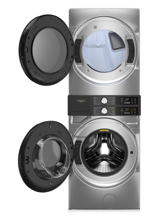 Tour de lavage Whirlpool à chargement frontal avec laveuse de 5,2 pi³ et sécheuse électrique de 7,4 pi³ - argent - YWEF5727TR