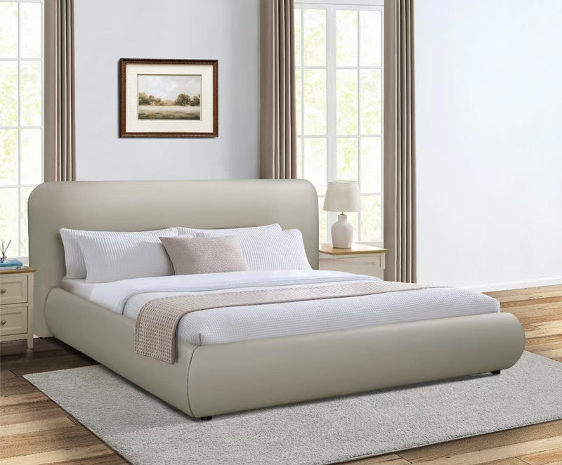 Lit plateforme rembourré moderne Luka en tissu de cuir végétalien taupe - format très grand lit