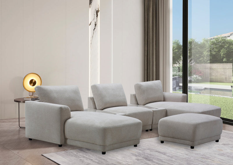 Sofa sectionnel modulaire de gauche Voyage 6 pièces en tissu avec console et pouf - beige