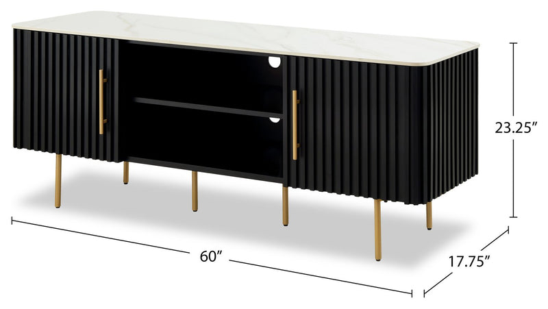 Meuble pour téléviseur moderne Capri de Kort & Co. de 60 po avec dessus en pierre frittée blanche, rangement et système de gestion des câbles pour téléviseurs jusqu’à 65 po - noir et doré
